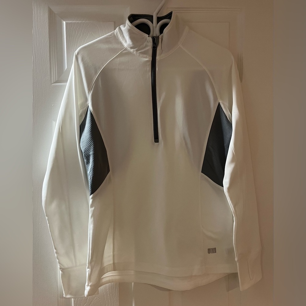 UNI Unique white & grey, long sleeve 3/4 zippered front shirt/jacket.